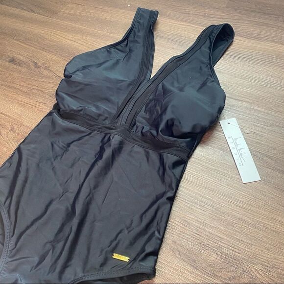 NWT Nicole Miller Black Plunging One Piece Swimsuit - Picture 4 of 4
